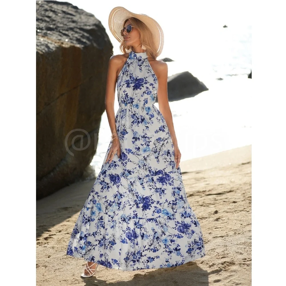 Floral Print Maxi Dress High Neck White Blue Long Flared Halter - Picture 4 of 6